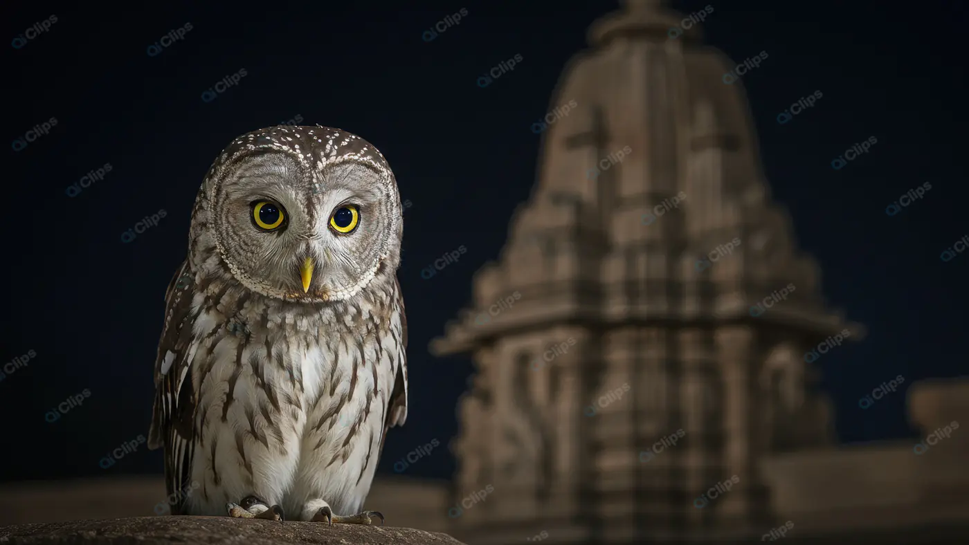 Spotted Owl Sitting on Stone in Front of Indian Temple at Night