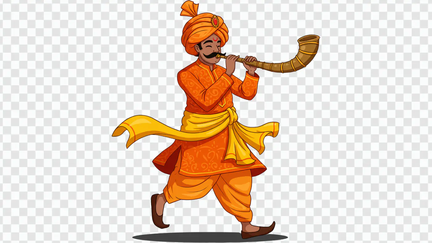 Happy Indian Shehnai Player PNG Clipart in Orange Traditional Outfit