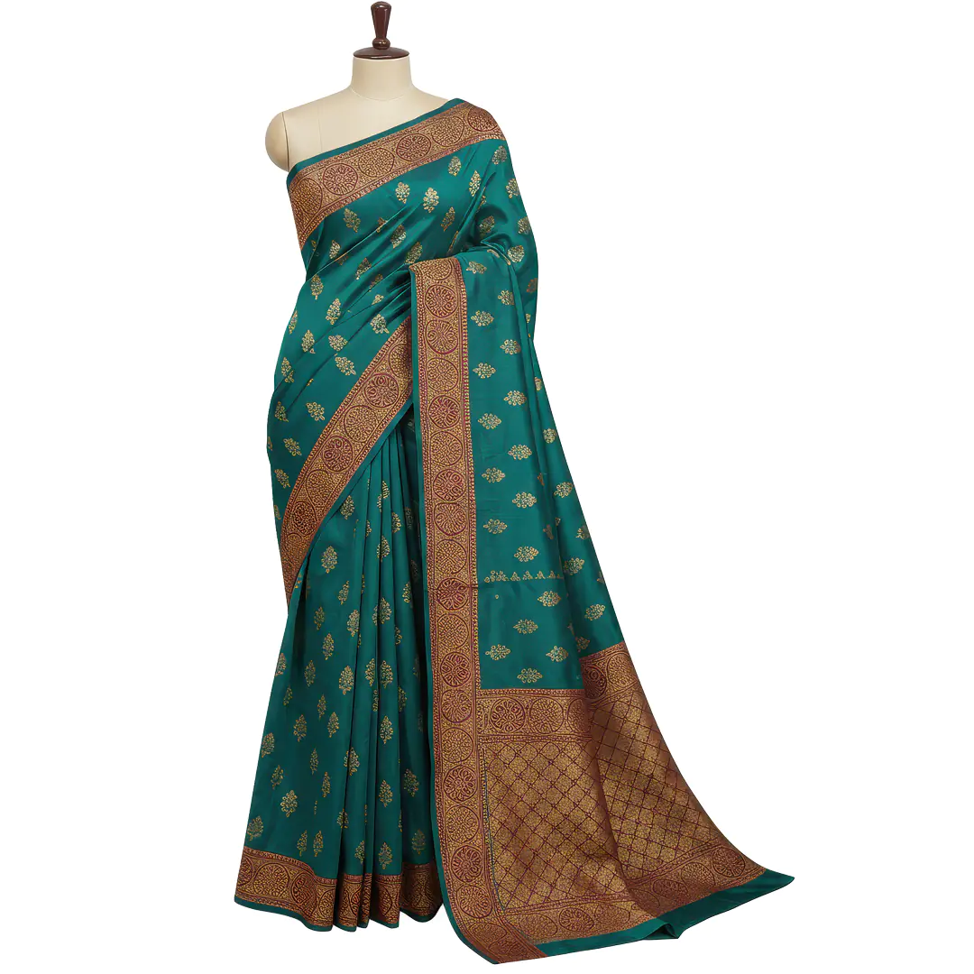 Elegant Teal Green Banarasi Silk Saree with Gold Zari Work
