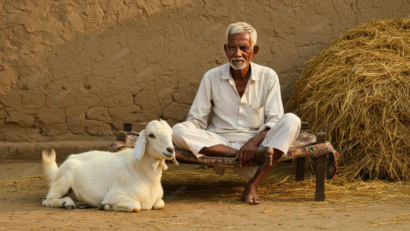 Elderly Indian Farmer Sitting on Cot with Goat in Rural Village Scene