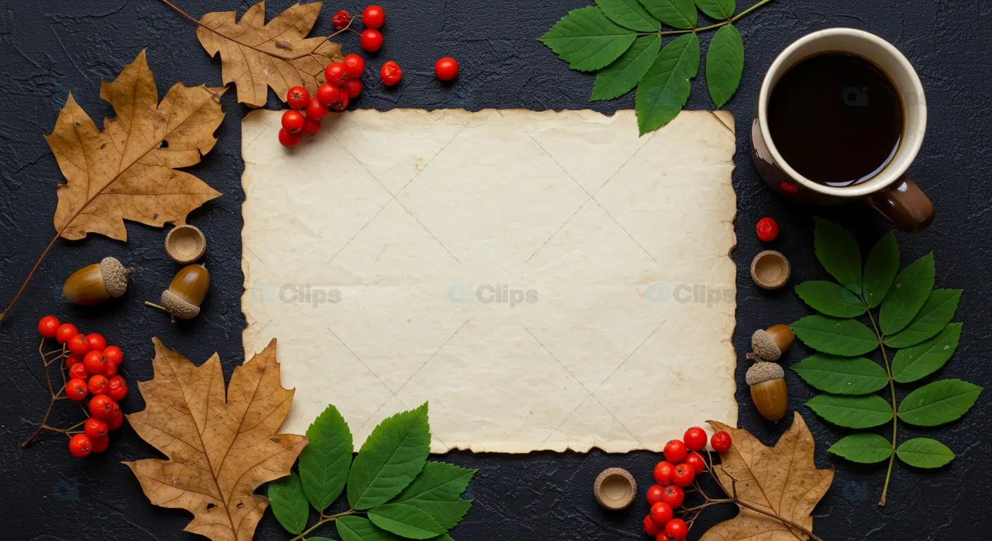 Autumn Flat Lay with Vintage Paper Template and Coffee