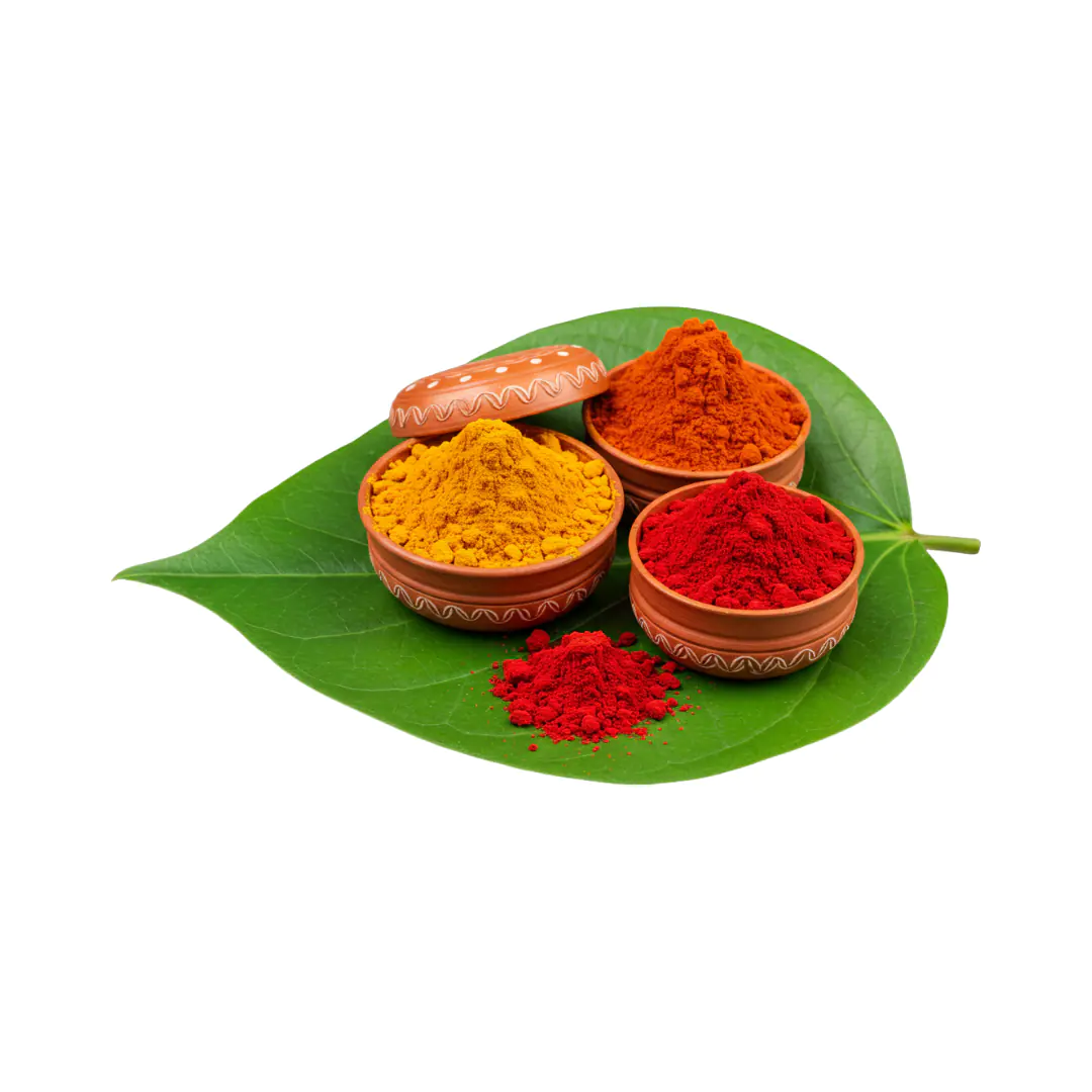 Traditional Puja Kumkum and Haldi PNG Clipart in Clay Pots on Leaf