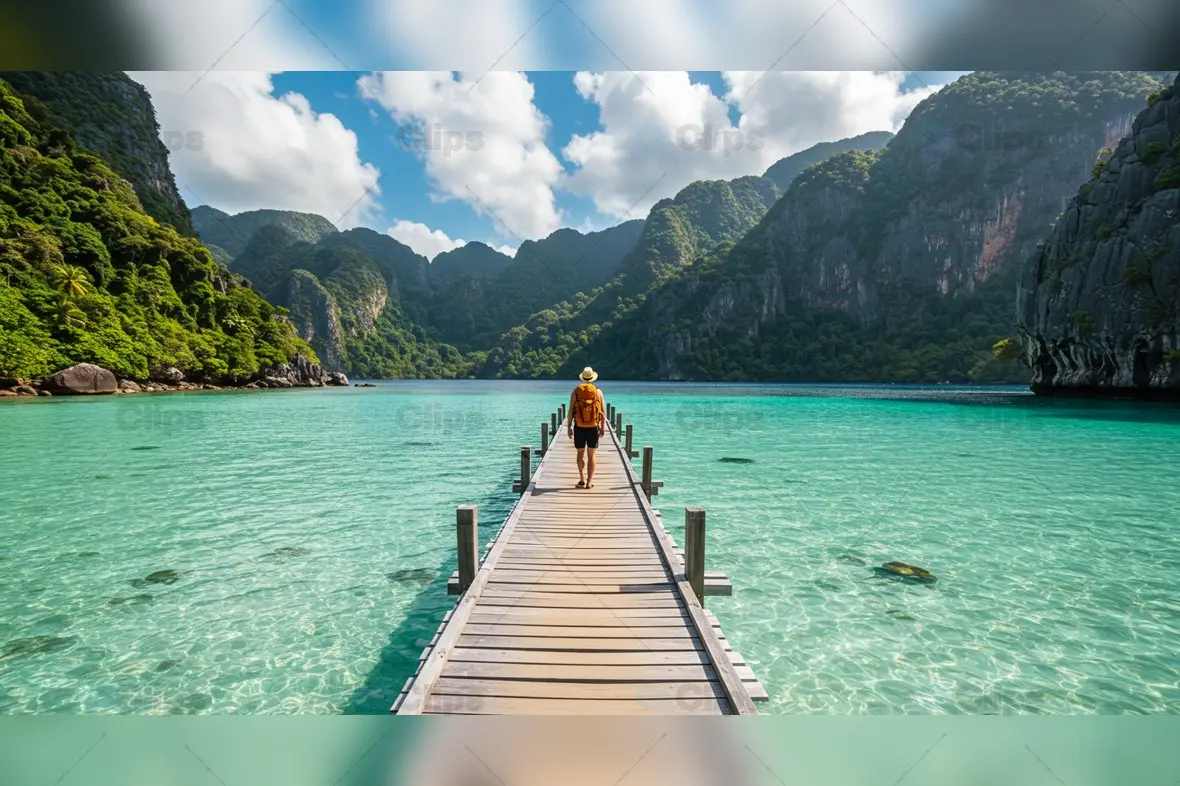 Traveler on Wooden Pier Over Turquoise Lagoon in Tropical Paradise