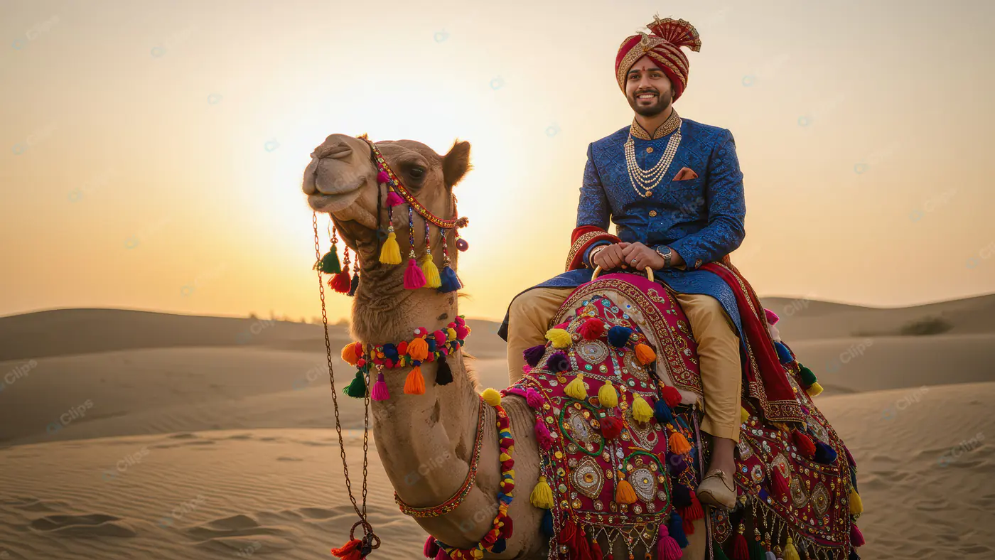 Smiling Indian Groom in Blue Sherwani Riding Decorated Camel in Desert at Sunset