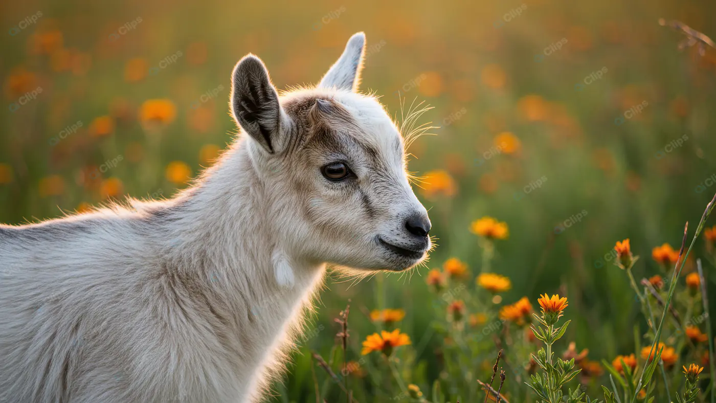 Young Goat Kid in Blooming Meadow at Golden Hour