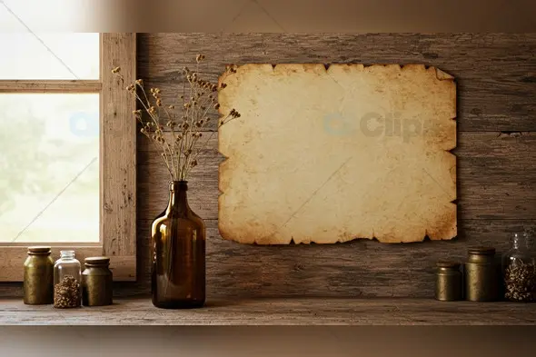 Vintage Blank Parchment with Rustic Bottles and Dried Flowers