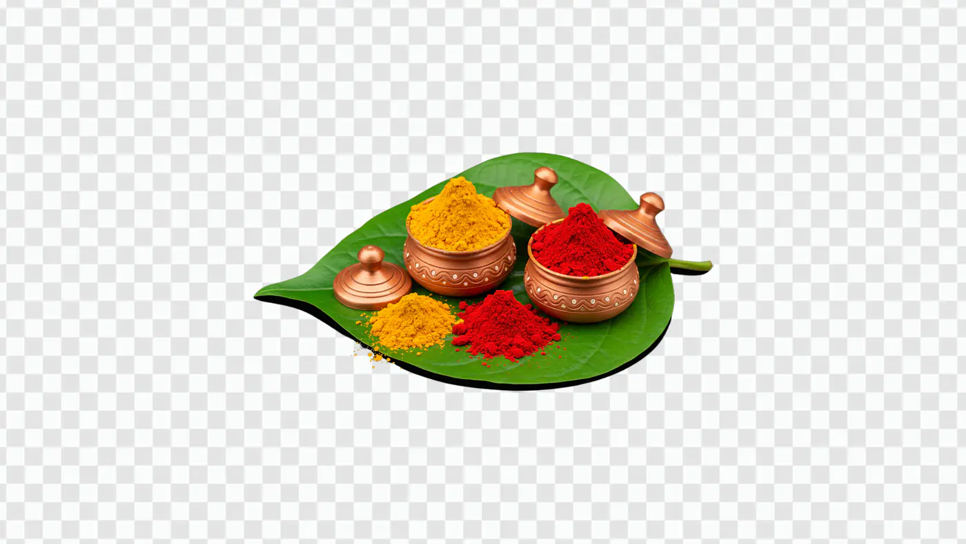 Kumkum and Haldi PNG Clipart in Clay Pots on Sacred Leaf for Puja and Festivals