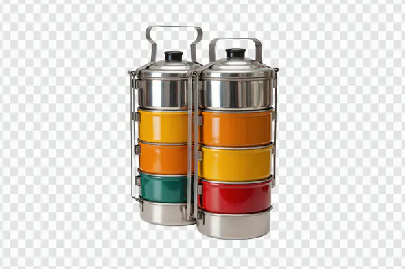 Indian Tiffin Carrier PNG – Multicolor Steel Lunch Box Set with Transparent Background
