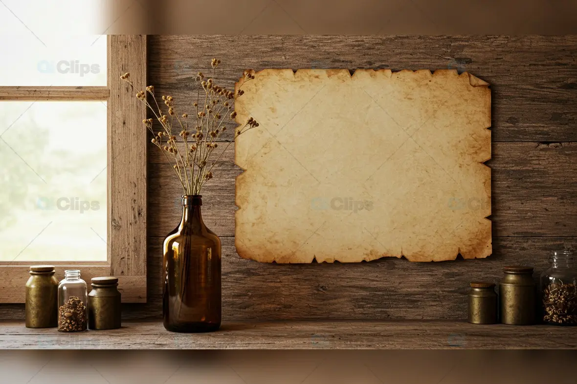 Vintage Blank Parchment with Rustic Bottles and Dried Flowers