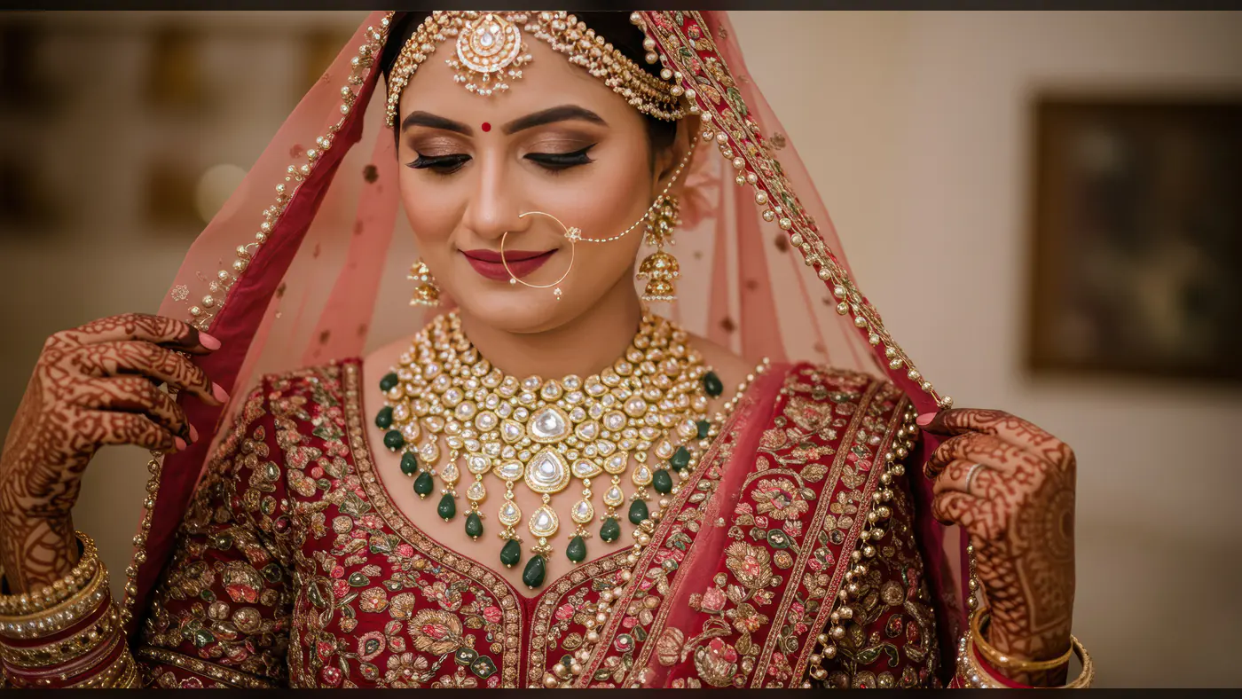 Elegant Indian Bride in Traditional Red Bridal Attire with Jewelry and Mehndi