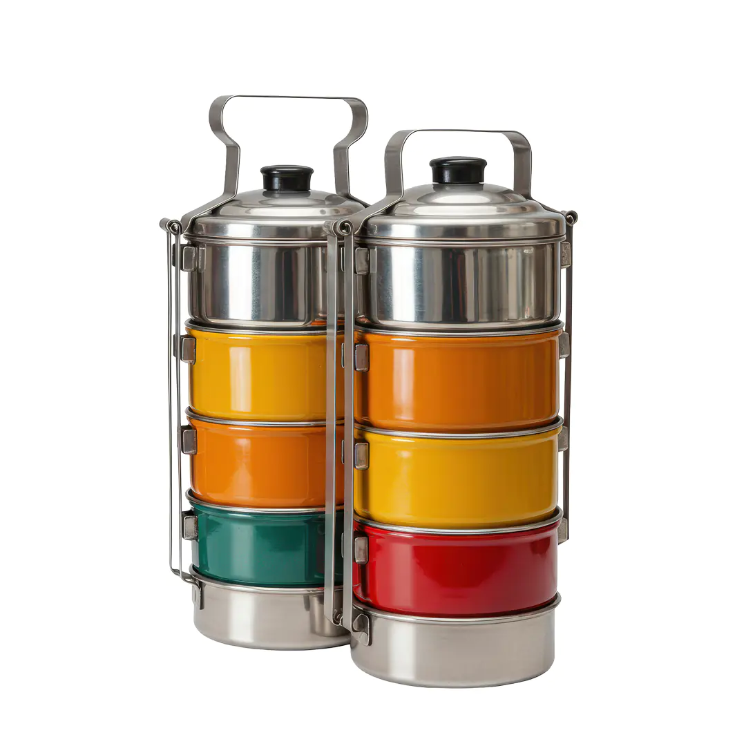 Indian Tiffin Carrier PNG – Multicolor Steel Lunch Box Set with Transparent Background