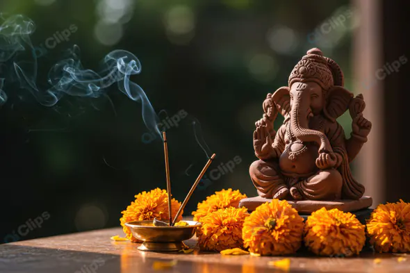Lord Ganesha Idol with Marigold Flowers and Incense Smok