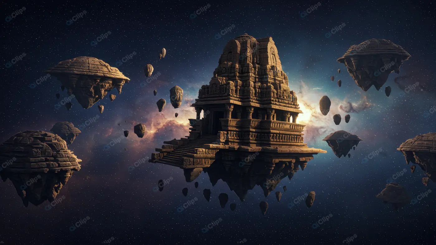 Ancient Indian Temple Floating in Outer Space with Rock Islands