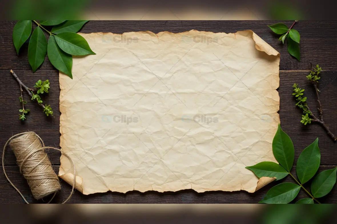 Vintage Paper with Green Leaves and Twine on Dark Wood Background