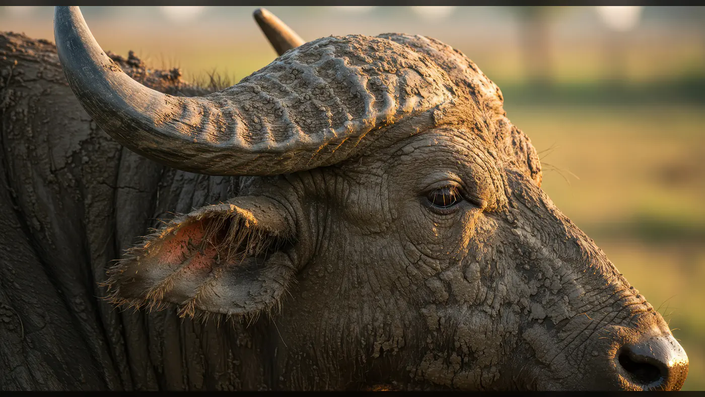 Close-Up of Indian Mud-Covered Buffalo with Horns in Golden Light