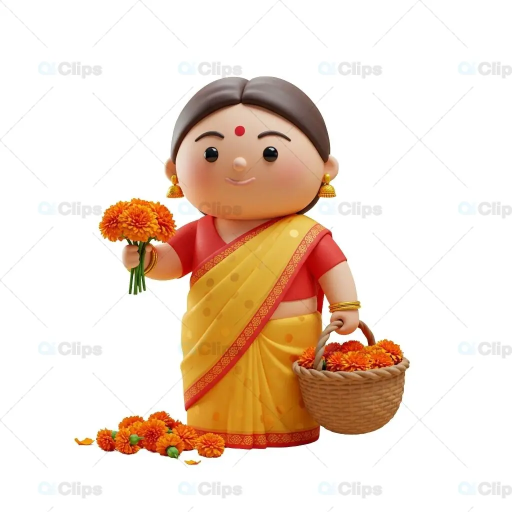 Cheerful Indian Woman in Yellow Saree 3D Illustration with Flowers