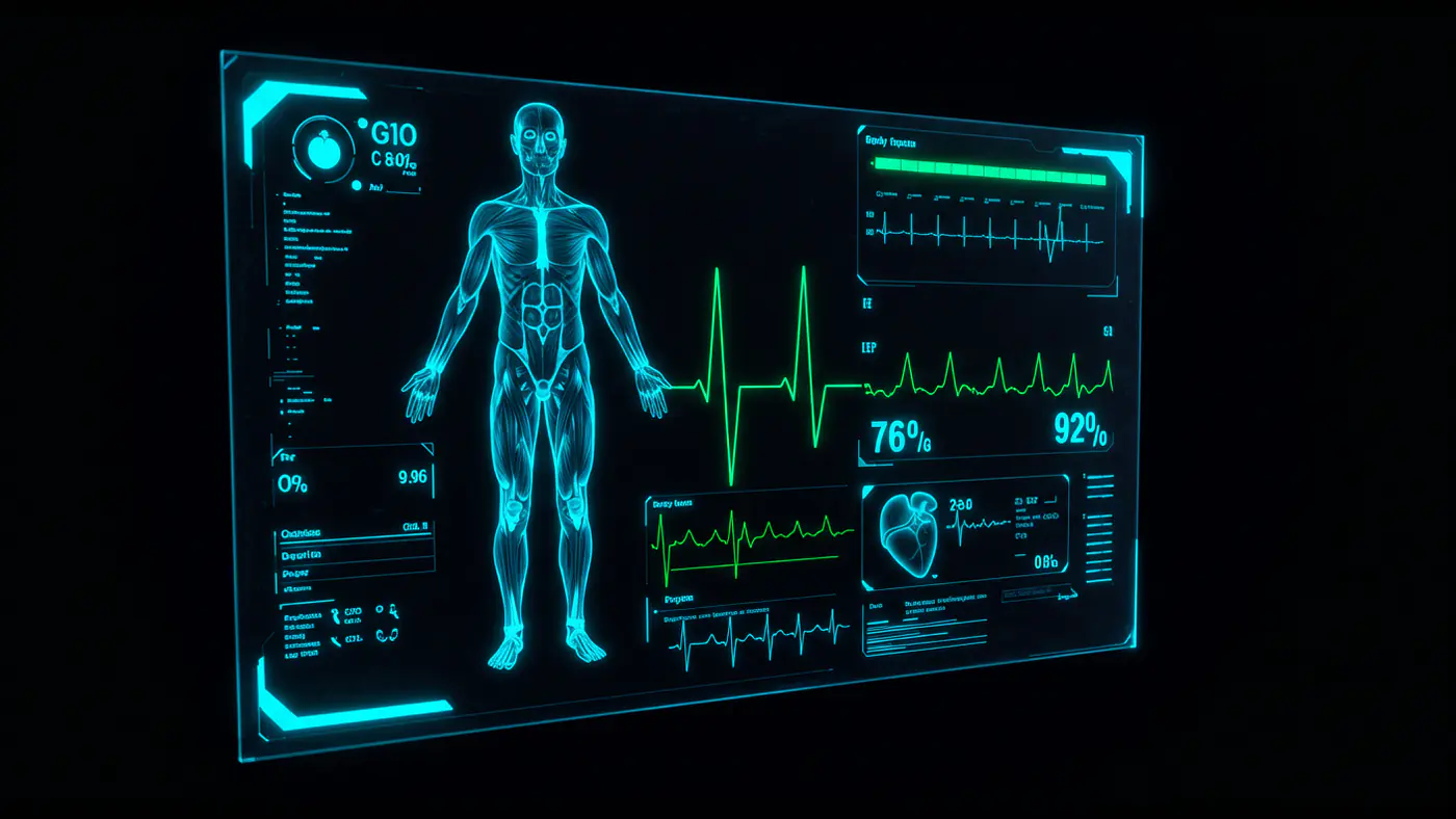 Futuristic Medical HUD Interface with Human Body Scan and Heart Rate Monitor