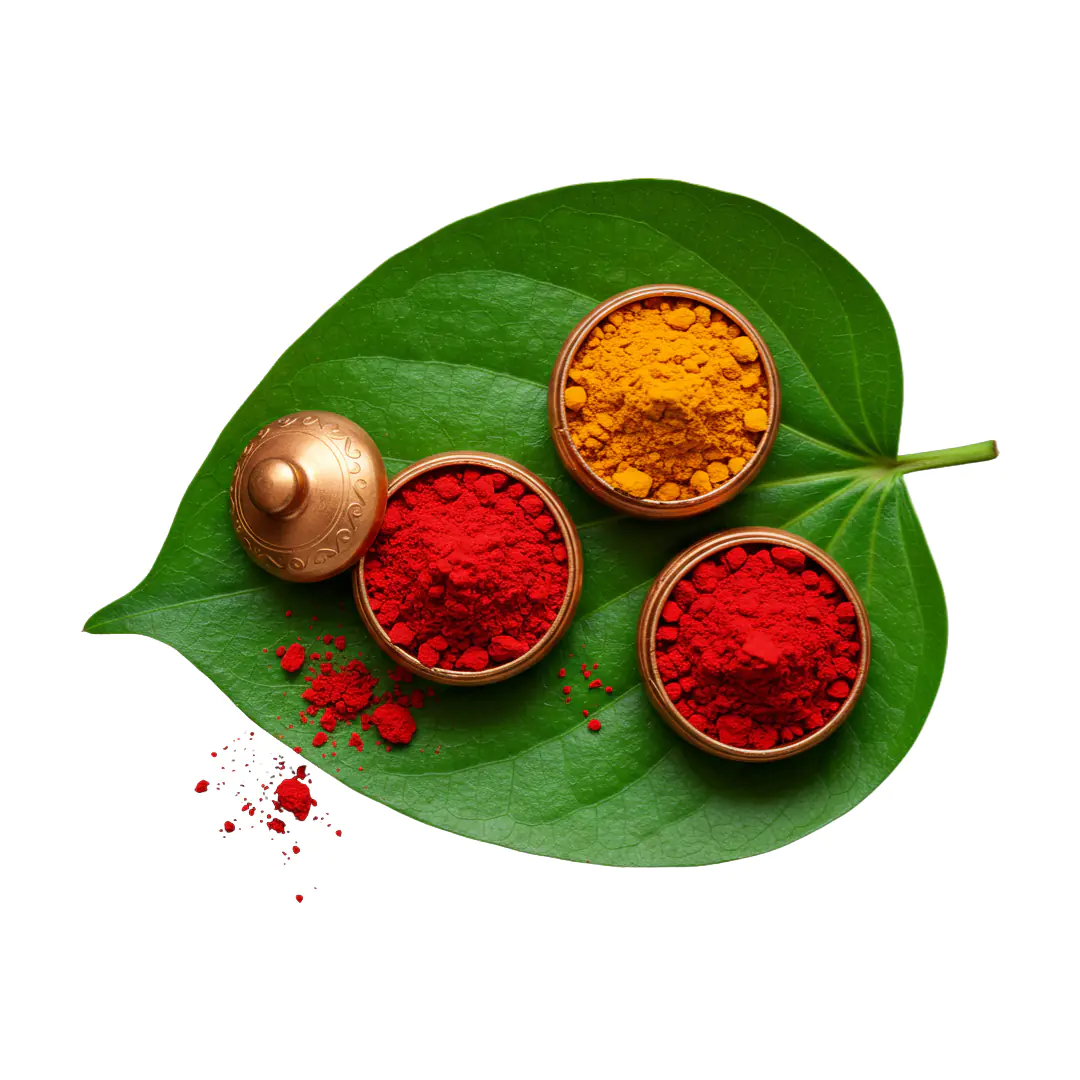 Puja Kumkum and Haldi PNG Clipart in Brass Bowls on Leaf for Festive Designs