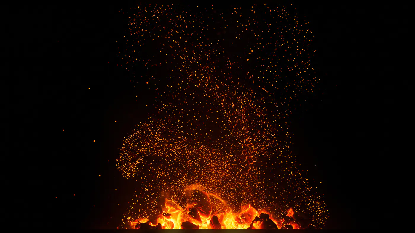 Intense Fire and Ember Texture with Floating Sparks on Black Background