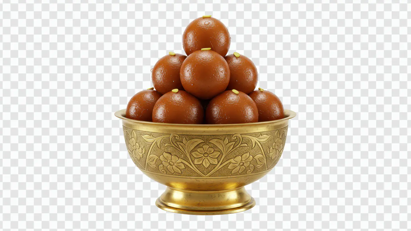 Laddu PNG in Golden Bowl – Indian Sweet Transparent Clipart