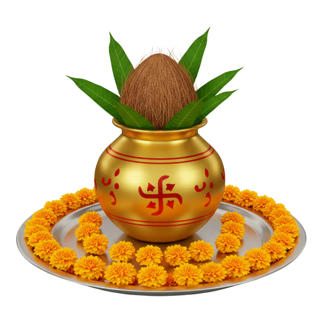 Kalash PNG Clipart with Coconut and Marigold Garland for Puja and Festive Designs