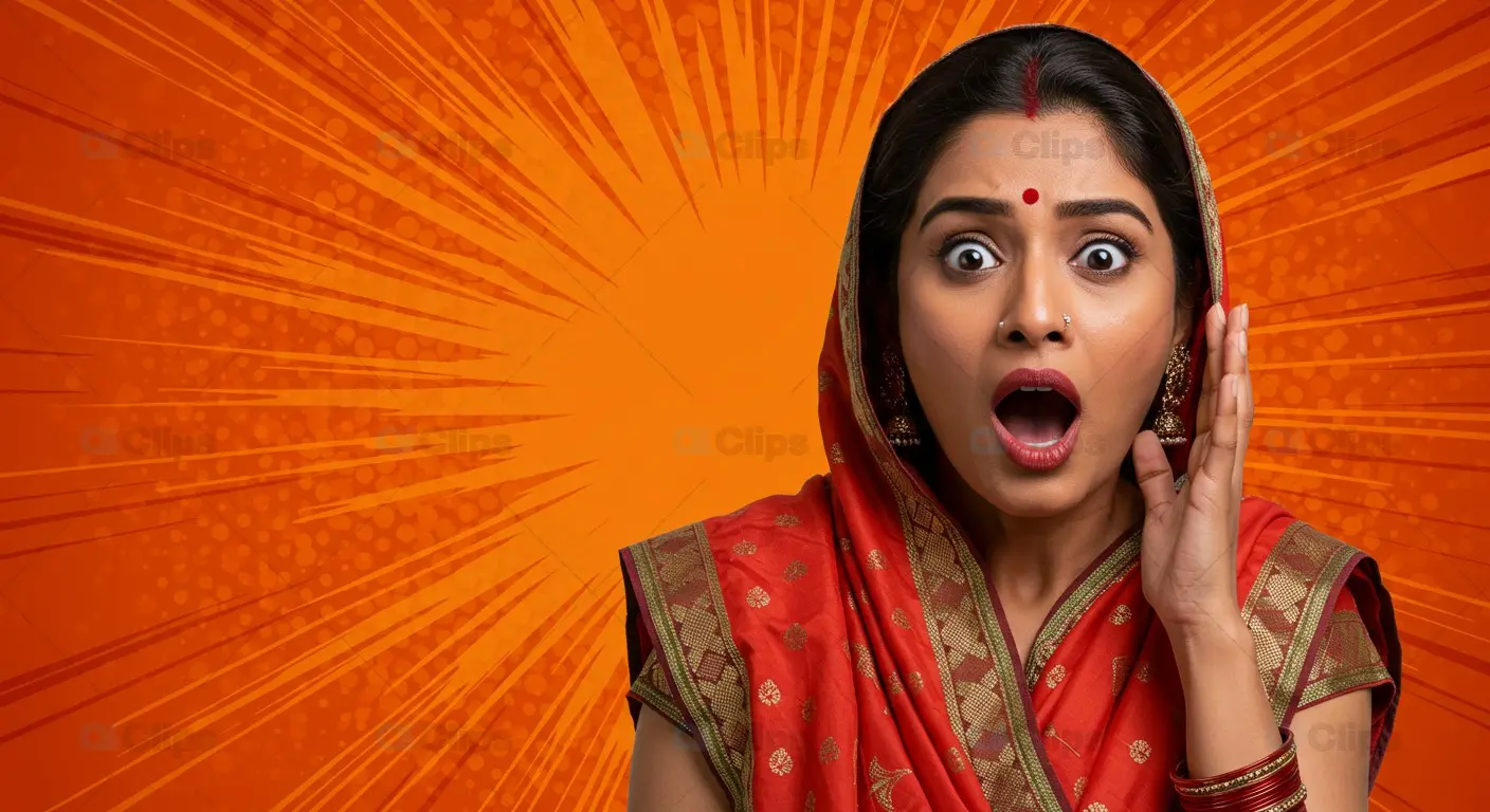 Surprised Indian Woman in Traditional Attire with Comic Background