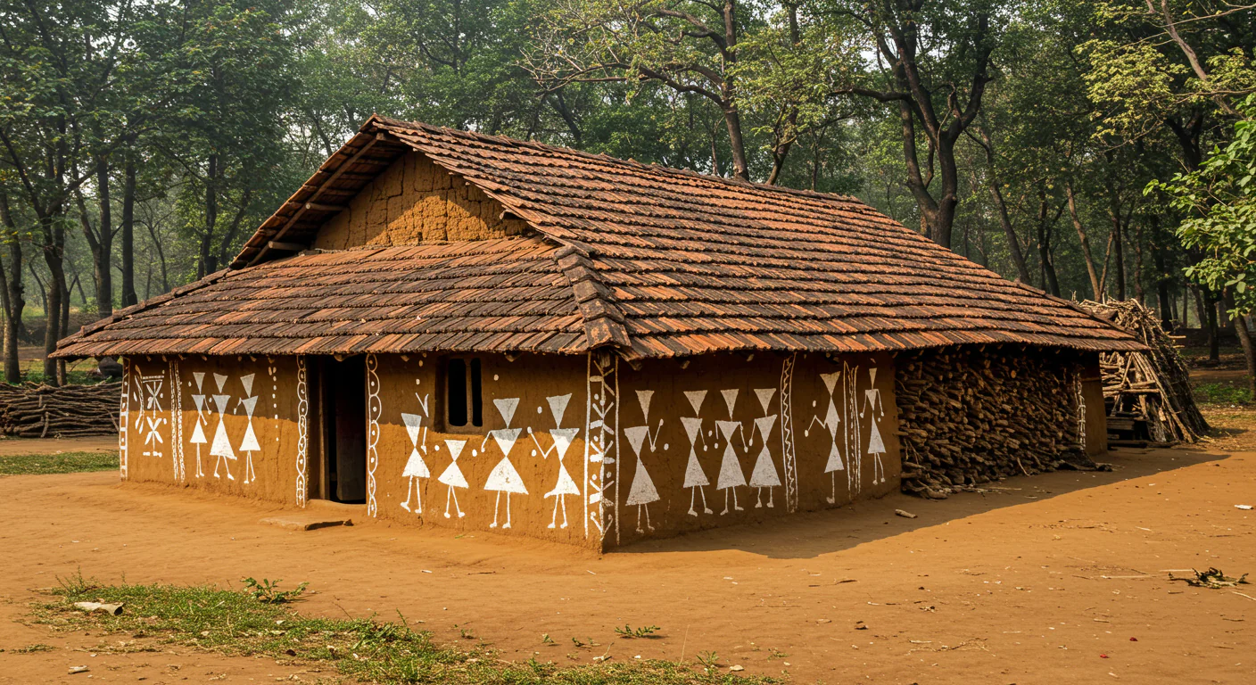 Tribal Indian Village Mud House with Warli Art and Clay Tile Roof