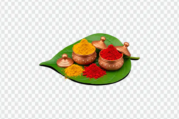 Kumkum and Haldi PNG Clipart in Clay Pots on Sacred Leaf for Puja and Festivals