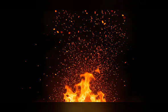 Realistic Fire Flames with Flying Sparks on Dark Background