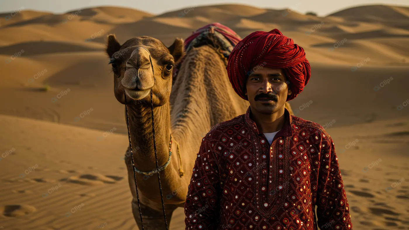 Rajasthani Man with Camel in Traditional Attire in Desert Sand Dunes