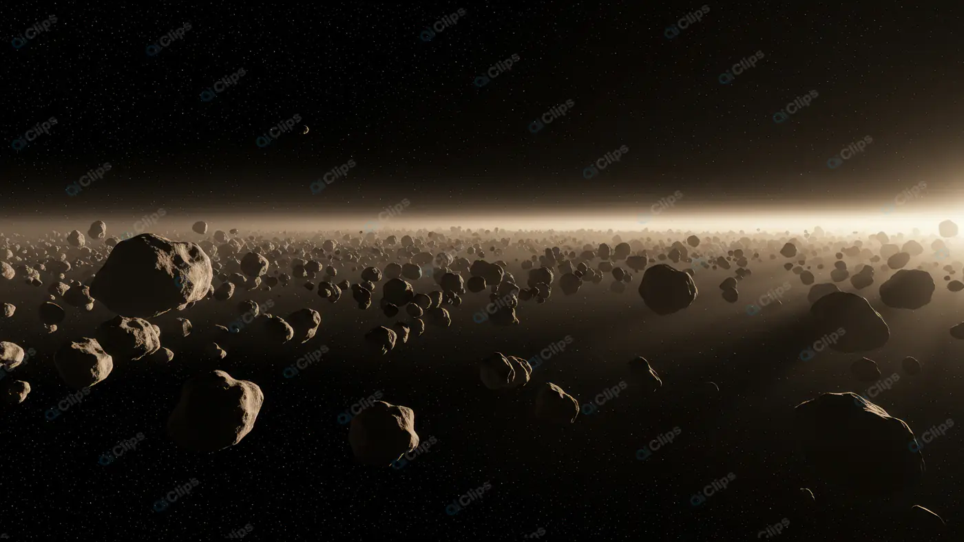 Dense Asteroid Belt Floating in Deep Space with Cosmic Glow