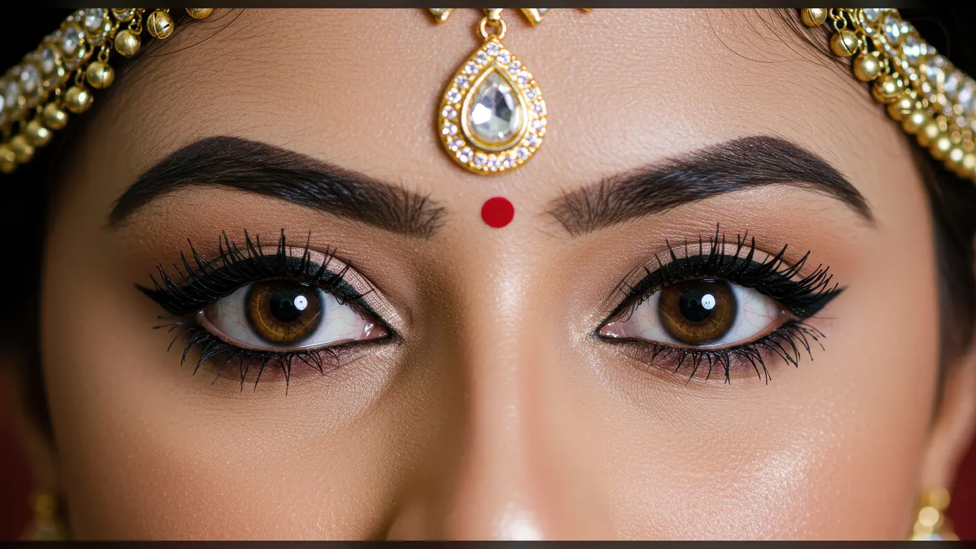 Close-Up Shot of Indian Bride's Eyes with Traditional Makeup and Jewelry