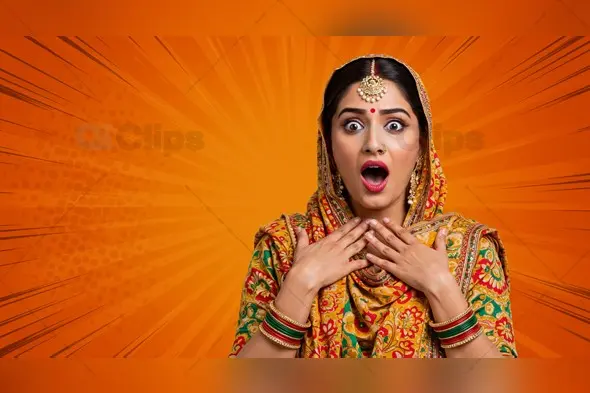 Surprised Indian Woman in Traditional Saree with Comic Background