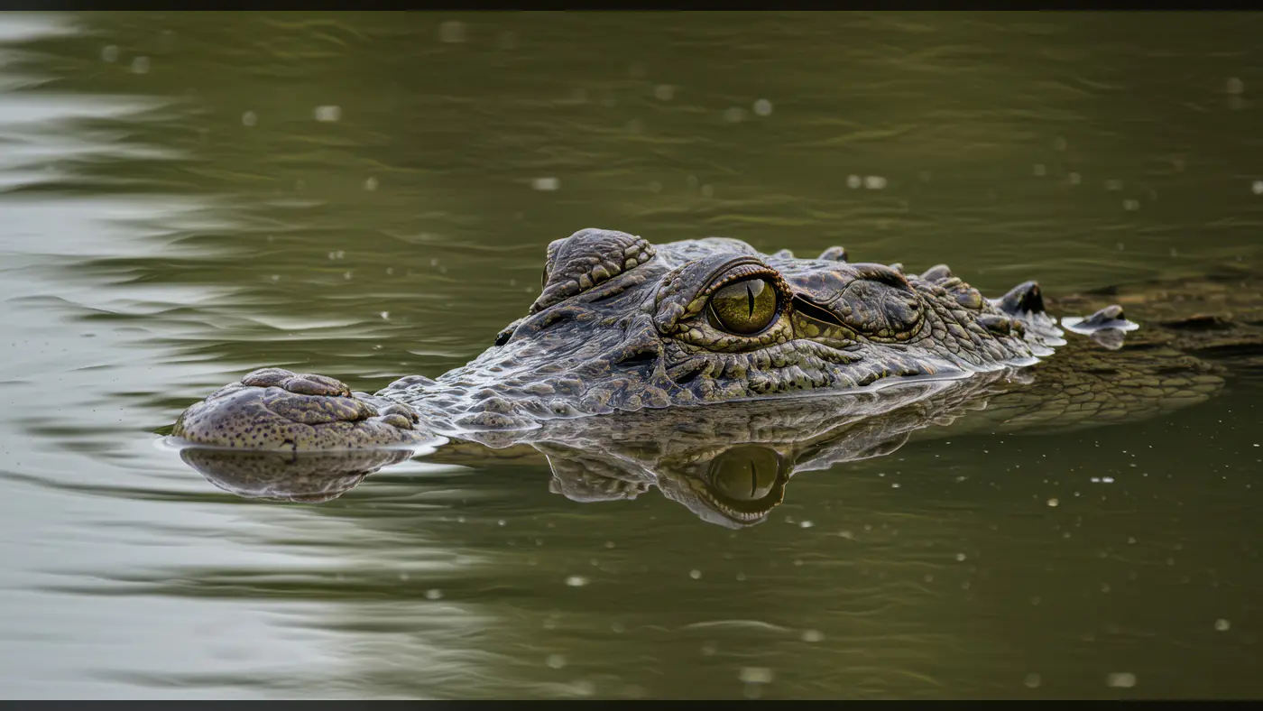Stealthy Crocodile Floating in Still Water with Sharp Eye Focus