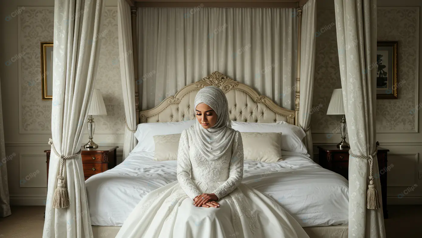 Elegant Muslim Bride in White Hijab Sitting Gracefully on Bed in Luxurious Room