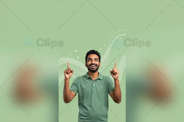 Happy Indian Man Pointing Up with Green Abstract Background