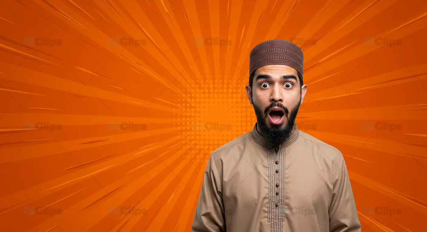 Surprised Man in Traditional Outfit with Comic-Style Background