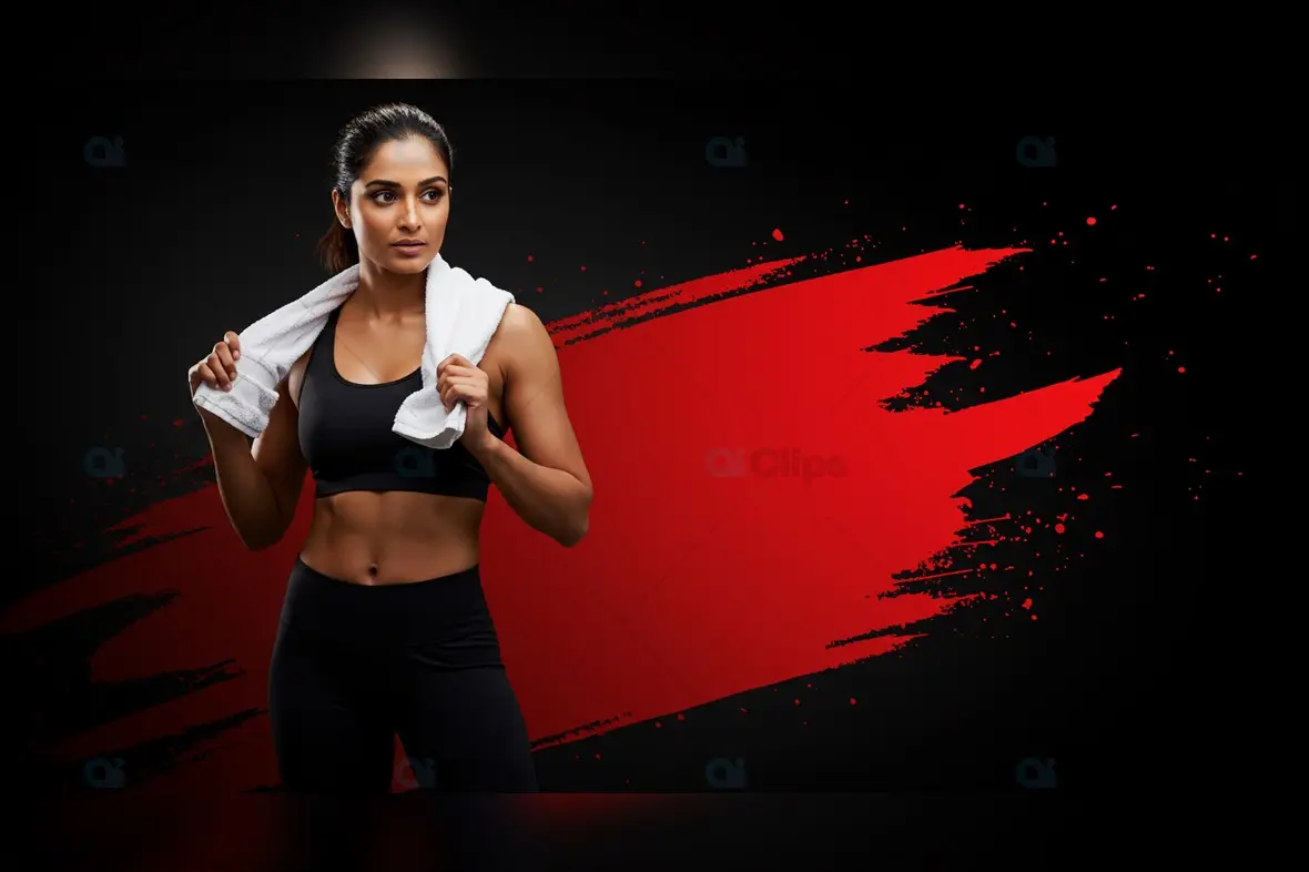 Fit Indian Woman with Towel in Black and Red Fitness Theme