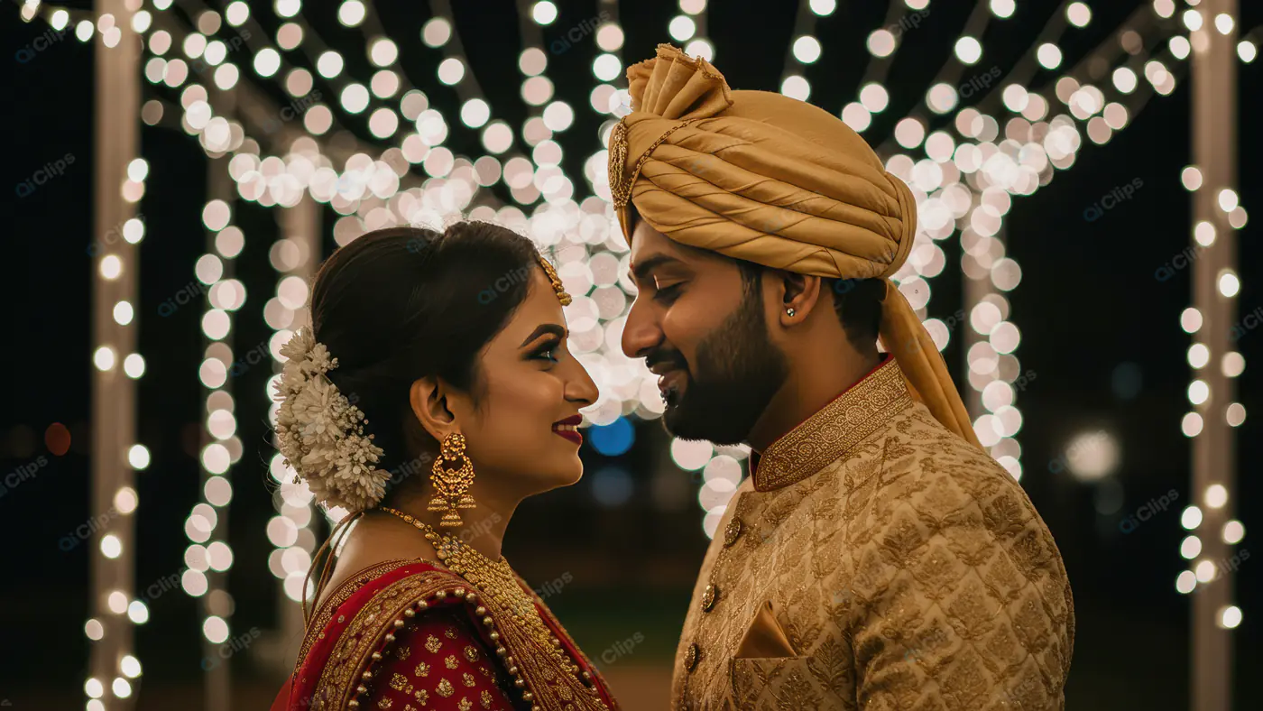 Romantic Indian Couple at Night Wedding with Bokeh Lights