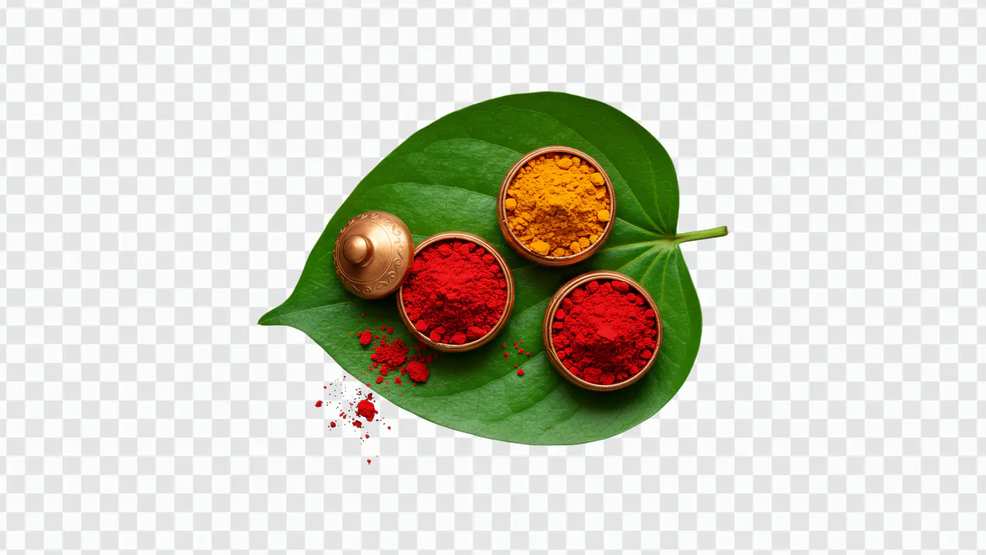 Puja Kumkum and Haldi PNG Clipart in Brass Bowls on Leaf for Festive Designs
