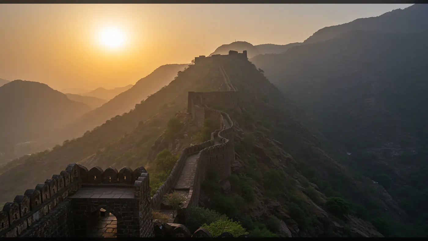 Sunset Over Ancient Indian Fort in Mountain Landscape