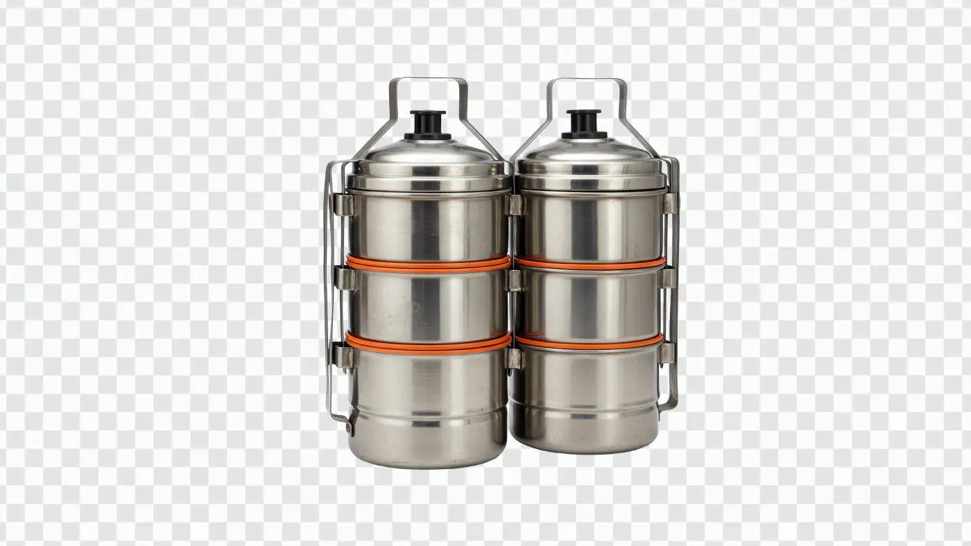 Classic Stainless Steel Tiffin Carrier PNG – Indian Dabba Box with Orange Seals
