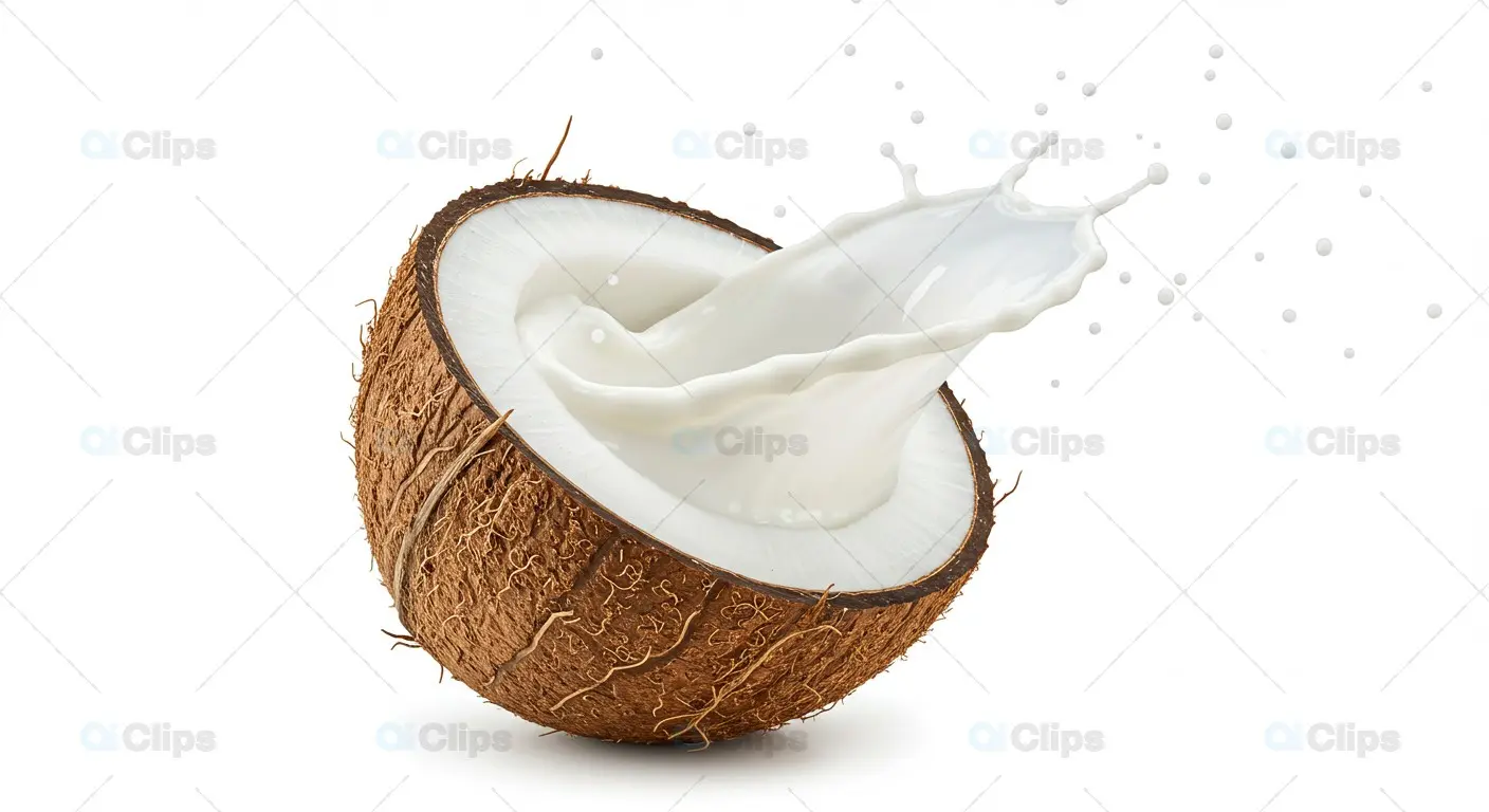 Coconut Half with Dynamic Milk Splash on White Background
