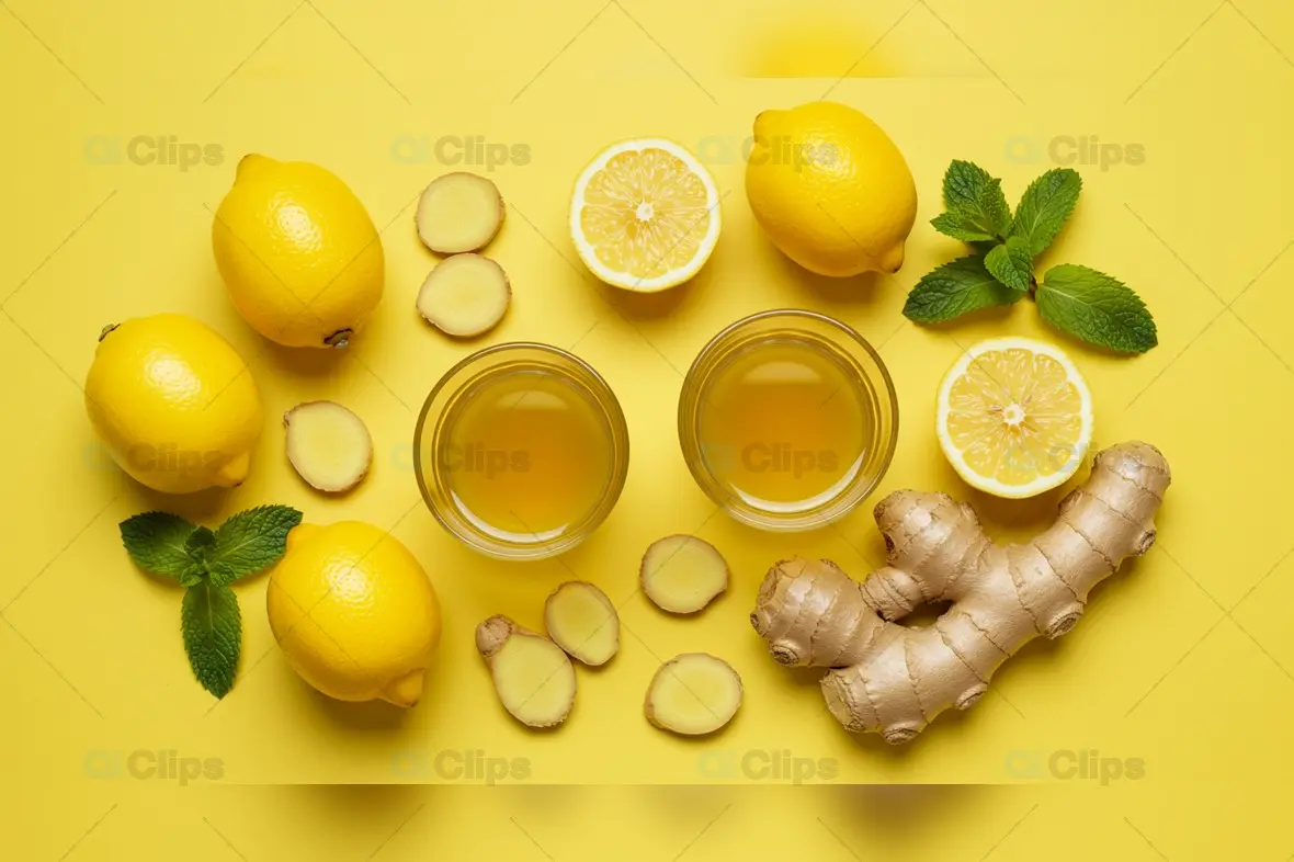 Lemon Ginger Tea Ingredients on Vibrant Yellow Background