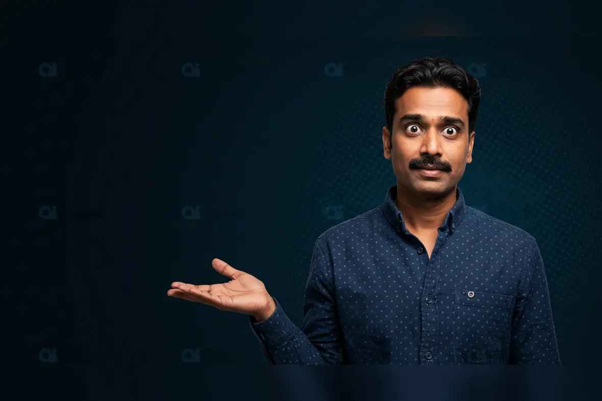 Surprised Indian Man in Casual Attire with Open Palm Gesture