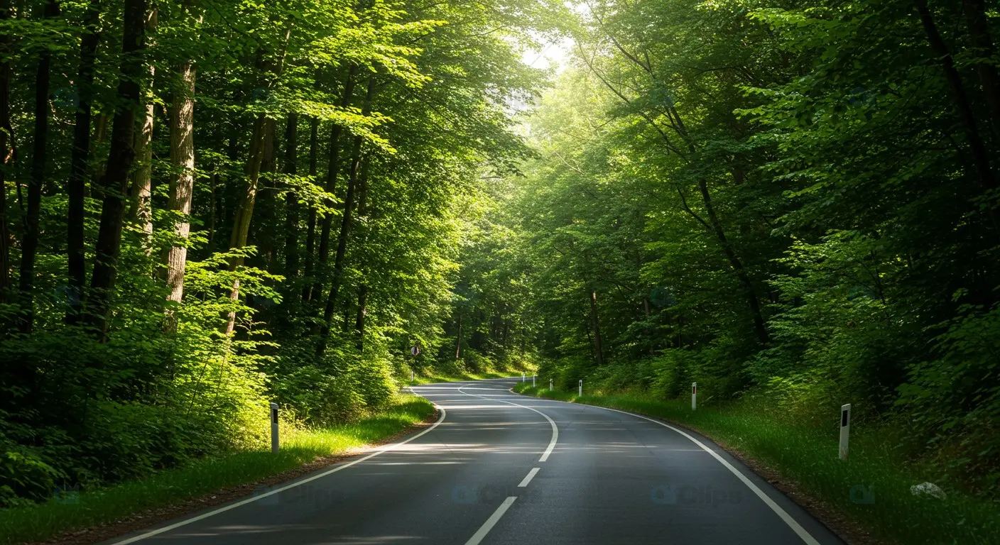 Sunlit Winding Forest Road Through Dense Green Woodland