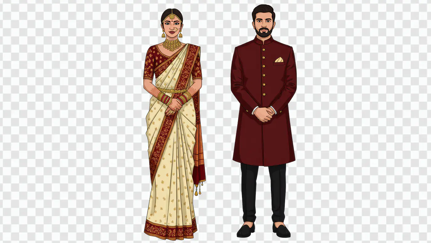 Indian Wedding Couple PNG – Traditional Saree & Sherwani Full-Length Illustration