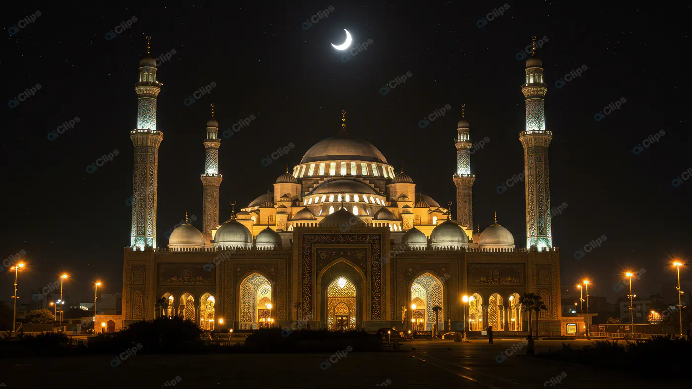 Illuminated Grand Mosque at Night with Crescent Moon in Starry Sky