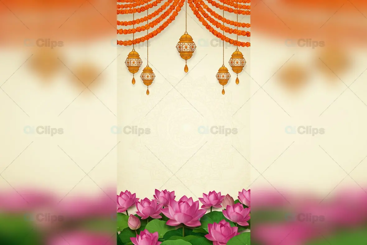 Indian Festive Frame with Lanterns, Marigold Garlands, and Lotus