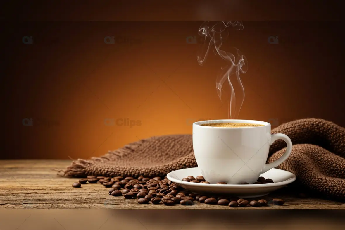Steaming Coffee Cup with Beans on Rustic Wooden Table